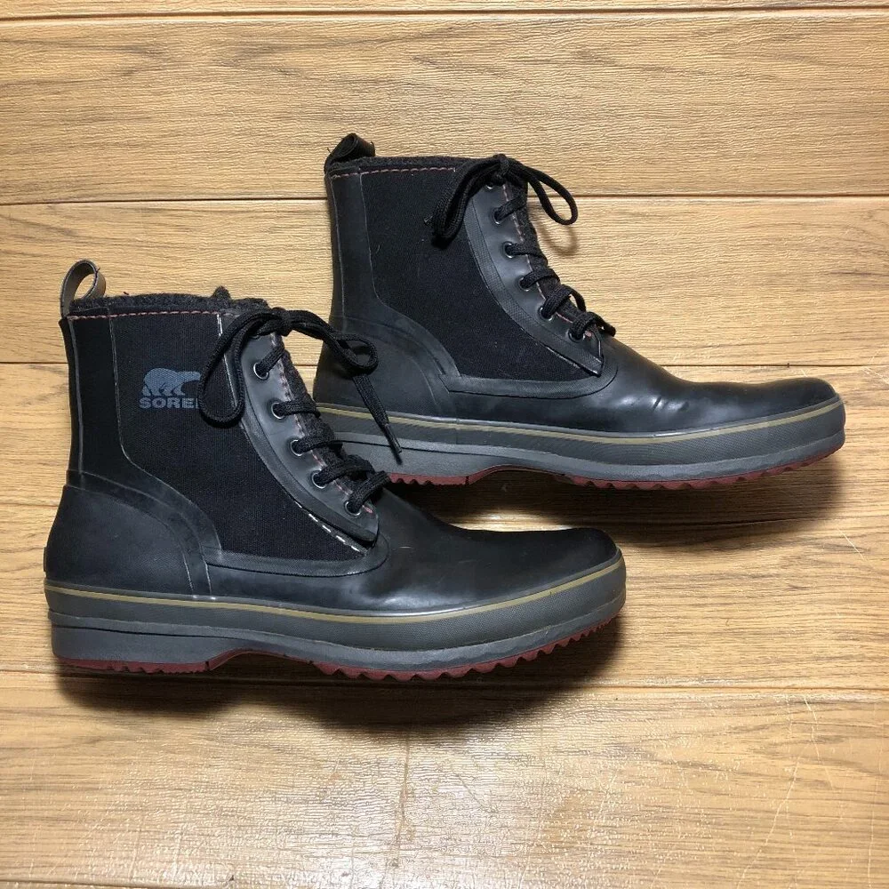 Sorel men black lace up boots, upper synthetic, wool lining, 13